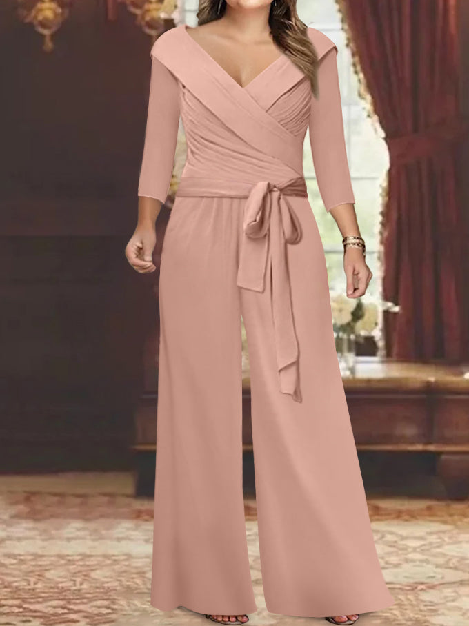 V-Neck Chiffon Jumpsuit with Ruched Detail and 3/4 Sleeves for the Mother