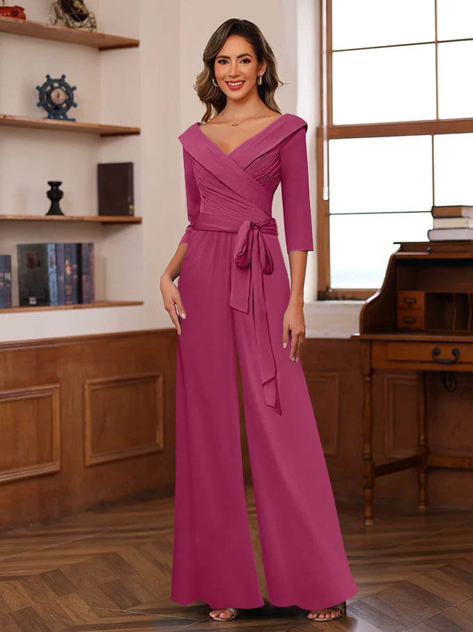 V-Neck Chiffon Jumpsuit with Ruched Detail and 3/4 Sleeves for the Mother