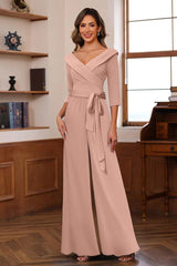 V-Neck Chiffon Jumpsuit with Ruched Detail and 3/4 Sleeves for the Mother