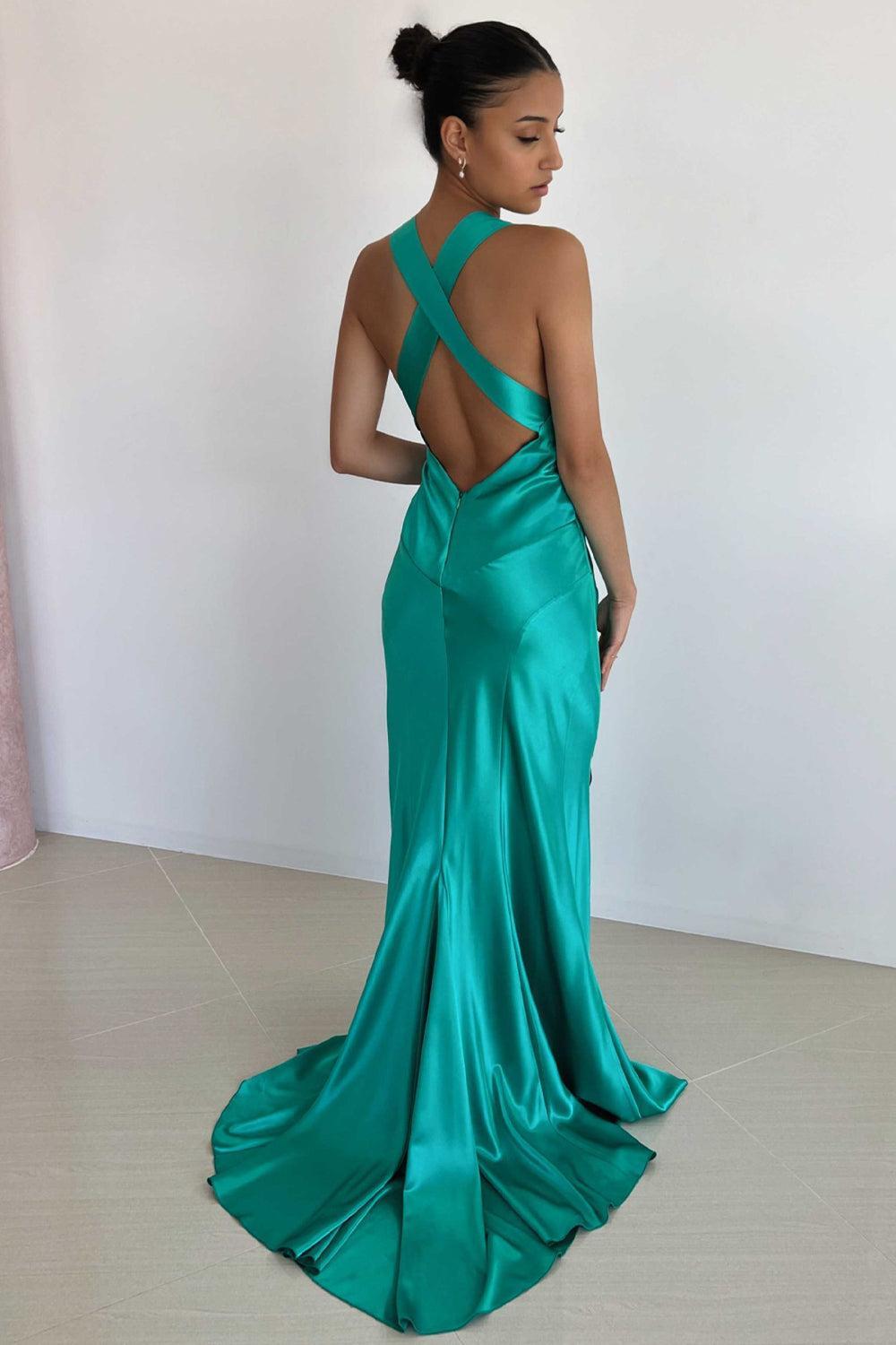 Dreamyannie V-Neck Cross Back Yellow Satin Prom Gown With Ruched Detailing Formal Evening Gown