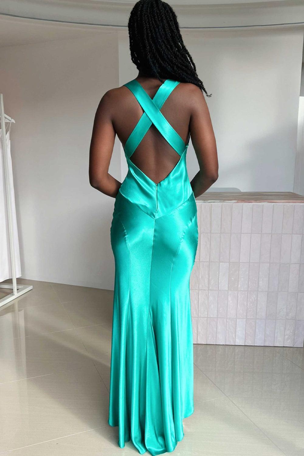 Dreamyannie V-Neck Cross Back Yellow Satin Prom Gown With Ruched Detailing Formal Evening Gown
