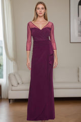 V-Neck Floor-Length Mother of the Bride Dress with Rhinestones Ruched Details and Ruffles