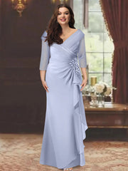 V-Neck Floor-Length Mother of the Bride Dress with Ruffles and Appliques Half Sleeves