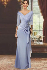 V-Neck Floor-Length Mother of the Bride Dress with Ruffles and Appliques Half Sleeves