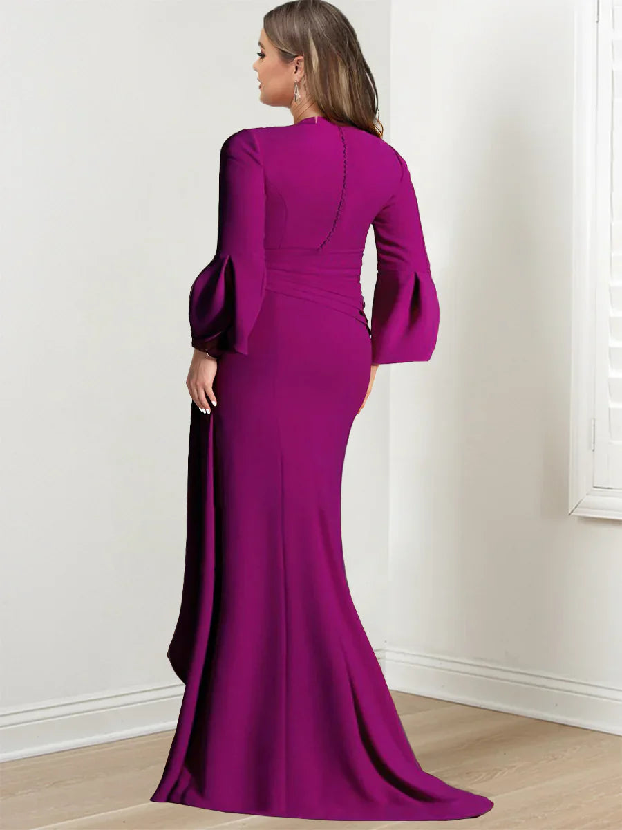 V-Neck Floor-Length Plus Size Mother of the Bride Gown With Side Split and Long Sleeves