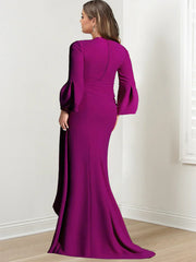 V-Neck Floor-Length Plus Size Mother of the Bride Gown With Side Split and Long Sleeves