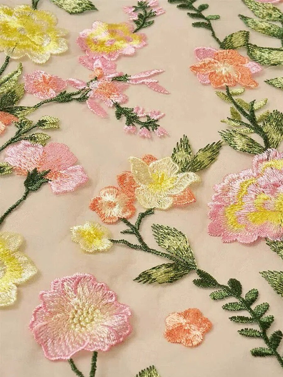 V-Neck Floral A-Line Mother of the Bride Dress with Short Sleeves and Embroidery