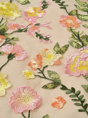 V-Neck Floral A-Line Mother of the Bride Dress with Short Sleeves and Embroidery