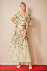V-Neck Floral A-Line Mother of the Bride Dress with Short Sleeves and Embroidery