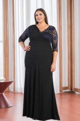 V-Neck Half-Sleeve Plus-Size Floor-Length Mother of the Bride Sheath Dress with Appliques and Ruffles