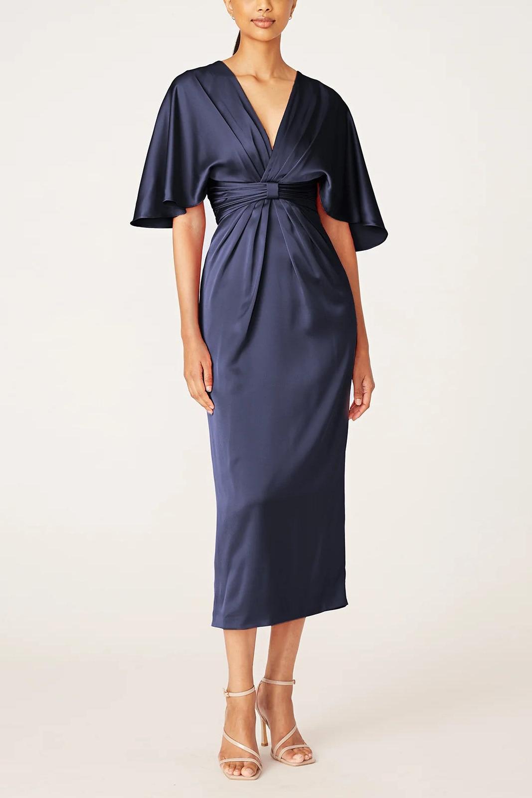 V-Neck Half-Sleeve Tea-Length Sheath Dress with Ruffles for the Mother of the Bride