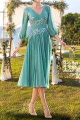 V-Neck Knee-Length A-Line Princess Dress for the Mother of the Bride with Lace Ruffle Embroidery