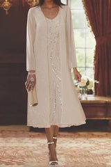 V-Neck Long-Sleeve Tea-Length Mother of the Bride Dress with Jacket and Sequins