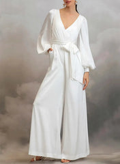 V Neck Long Sleeves Ankle Length Stretch Satin Wedding Jumpsuit