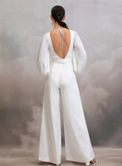 V Neck Long Sleeves Ankle Length Stretch Satin Wedding Jumpsuit