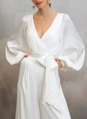 V Neck Long Sleeves Ankle Length Stretch Satin Wedding Jumpsuit