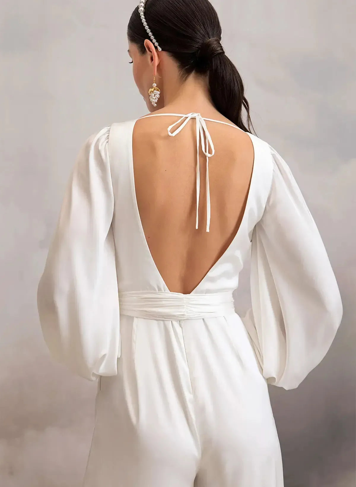 V Neck Long Sleeves Ankle Length Stretch Satin Wedding Jumpsuit