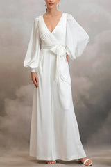 V Neck Long Sleeves Ankle Length Stretch Satin Wedding Jumpsuit