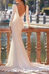 V-Neck Long Sleeves Trumpet Mermaid Lace Beach Wedding Dress