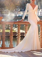 V-Neck Long Sleeves Trumpet Mermaid Lace Wedding Dress