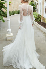 V-Neck Long Sleeves Tulle A-Line Bridal Gowns