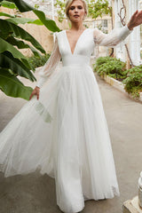V-Neck Long Sleeves Tulle A-Line Bridal Gowns