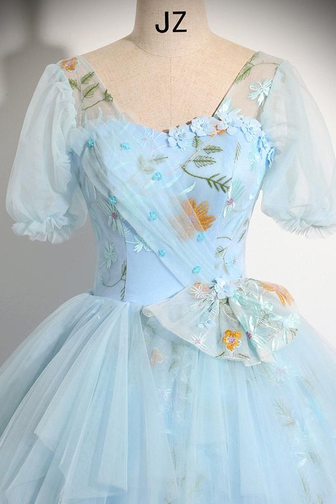 V Neck Prom Dress Tulle Lace Blue Long A Line Sweet 16 Dress Evening Dress