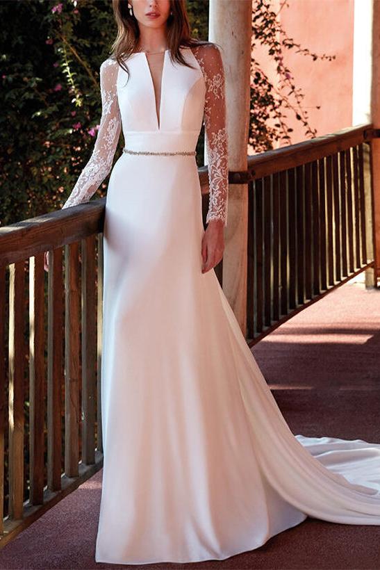 V Neck Satin Lace Court Train Beach Wedding Dresses With Lace