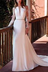 V Neck Satin Lace Court Train Beach Wedding Dresses With Lace