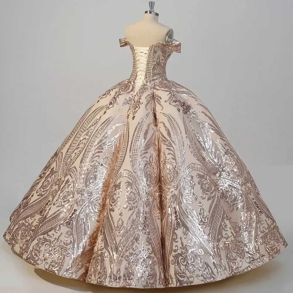 V-Neck Sequin Off The Shoulder Quinceanera Dress Ball Gown Sweep Train Princess Party Prom Dress