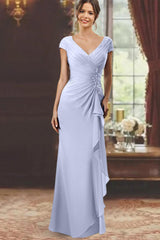 V-Neck Short-Sleeve Floor-Length Sheath Dress for the Mother of the Bride with Ruffles and Appliques