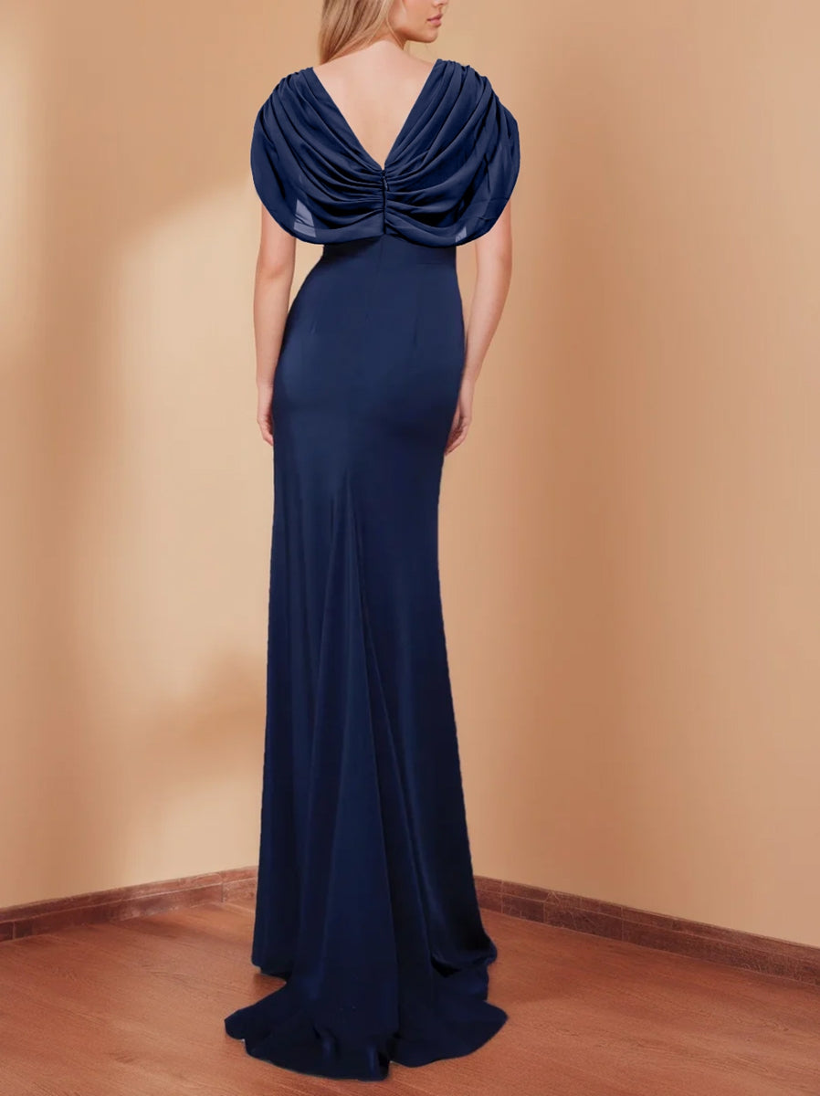 V-Neck Short Sleeve Floor-Length Trumpet/Mermaid Mother of the Bride Dress with Ruffles and Sequins