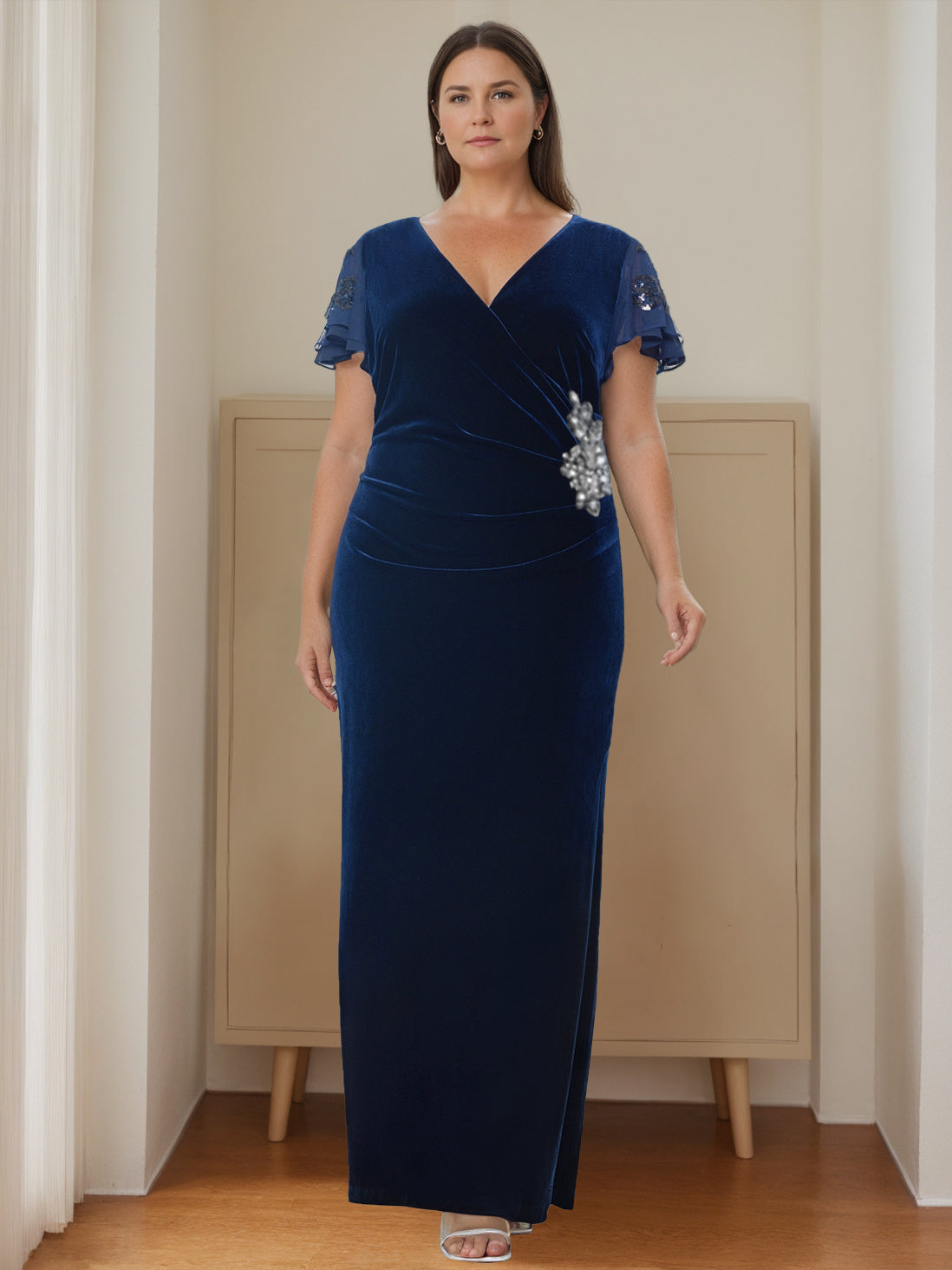 V-Neck Short Sleeve Floor-Length Velvet Sheath Dress with Ruffles and Appliques for the Mother of the Bride