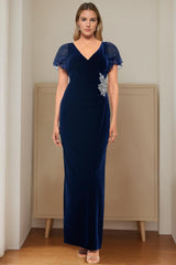V-Neck Short Sleeve Floor-Length Velvet Sheath Dress with Ruffles and Appliques for the Mother of the Bride