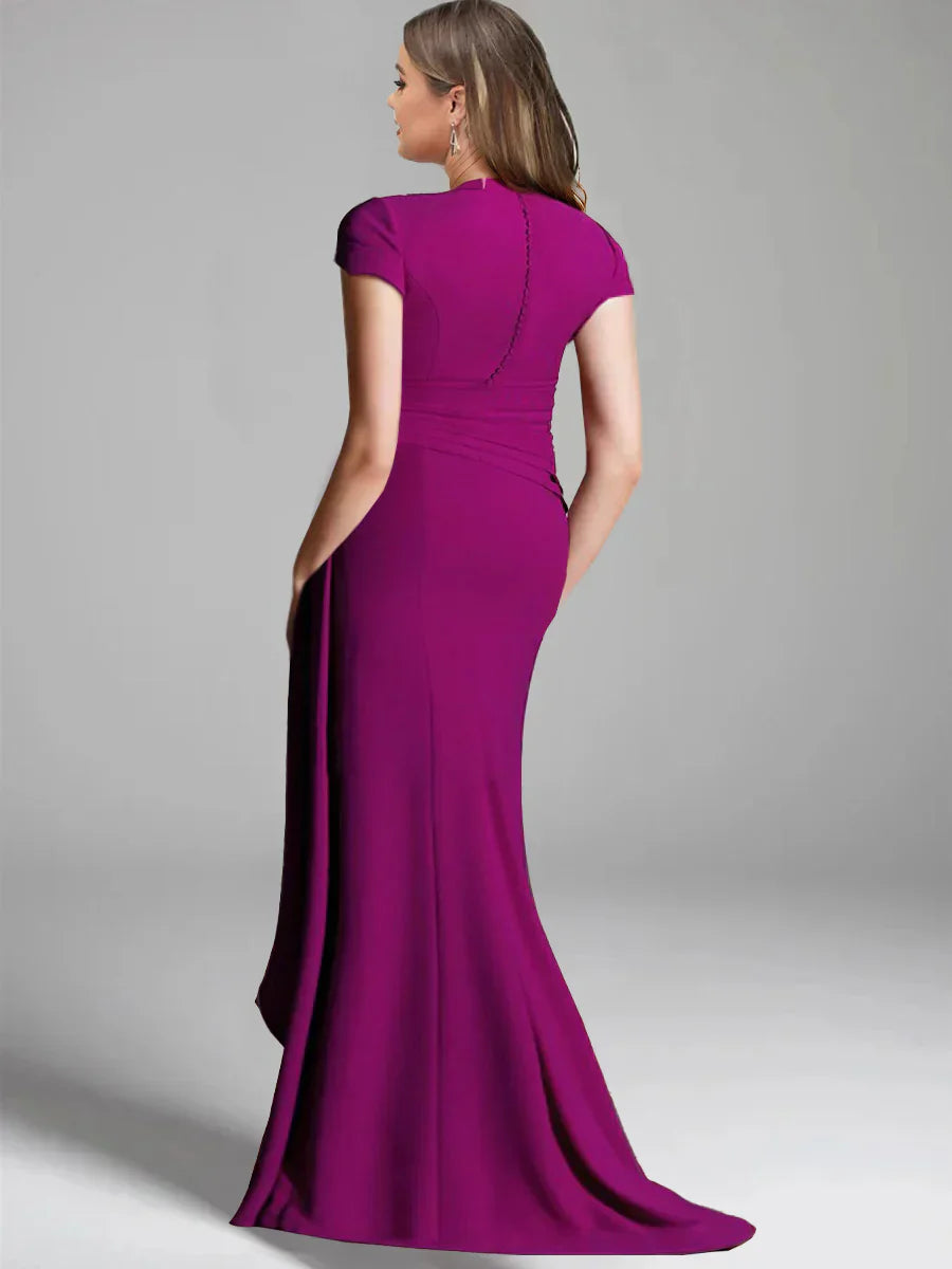 V-Neck Short Sleeve Plus Size Mother of the Bride Floor-Length Sheath Dress with Side Split
