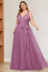 V-Neck Sleeveless A-Line Princess Floor-Length Tulle Plus Size Mother of the Bride Dress with Ruffles