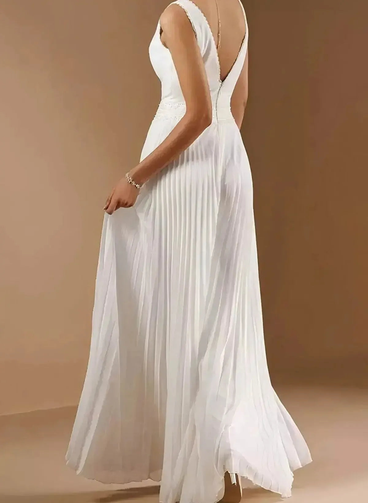 V Neck Sleeveless Floor Length Chiffon Wedding Jumpsuit with Pleats