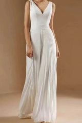 V Neck Sleeveless Floor Length Chiffon Wedding Jumpsuit with Pleats