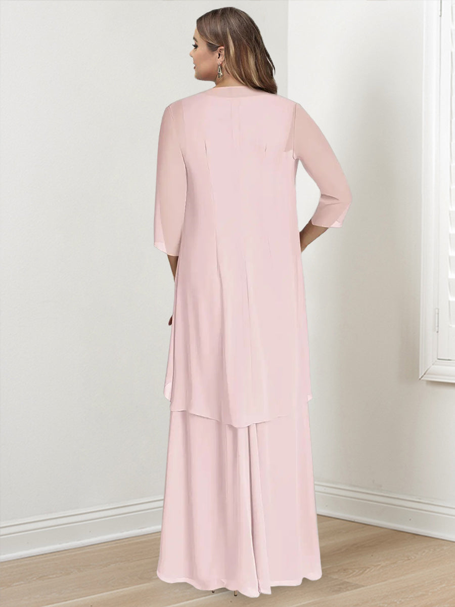 V-Neck Sleeveless Plus Size Floor-Length Mother of the Bride Sheath Dress with Wrap