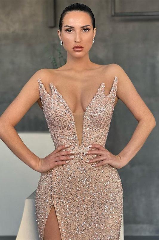 V Neck Sleeveless Sequins Mermaid Evening Dress with Split