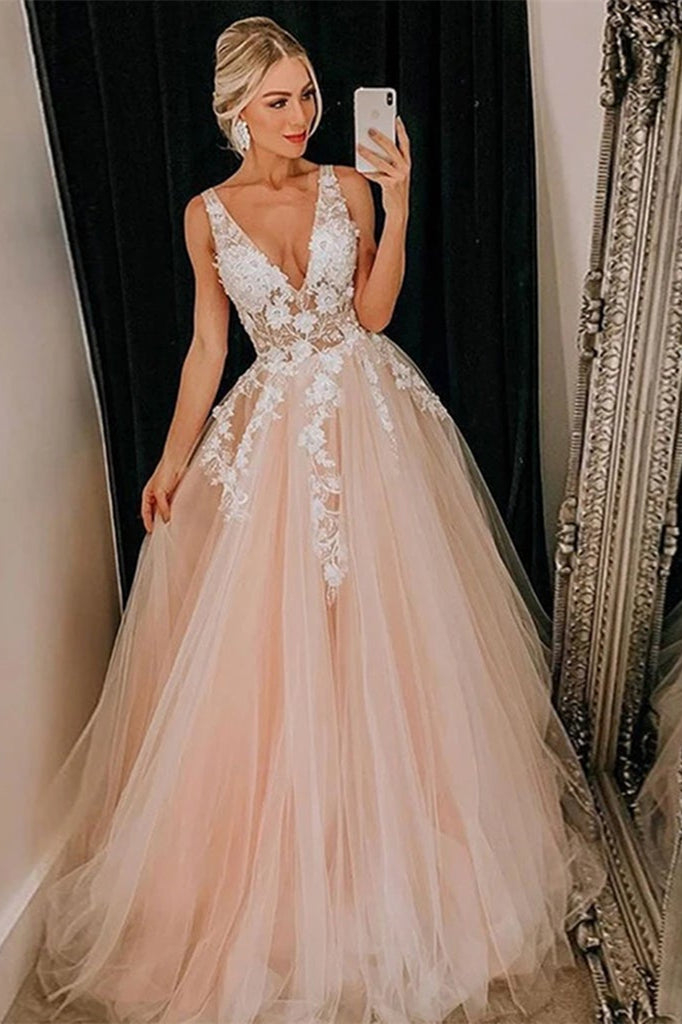 V Neck Sleeveless Tulle Evening Dress