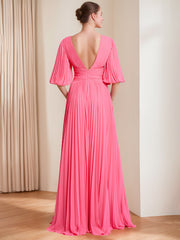 V-neck A-Line Princess Floor-Length Mother of the Bride Dress with 3/4 Sleeves and Ruffles