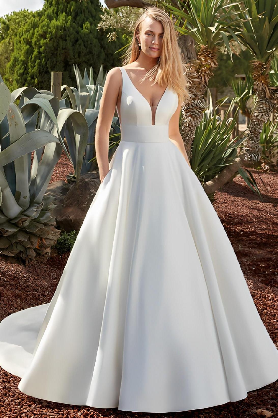 V-neck Satin Beach Wedding Dresses With Open Back