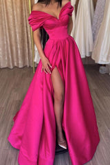 Fuchsia Off the Shoulder Prom Dress A Line Evening Dress with Slit