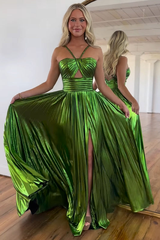 A-Line Sleeveless Green Long Prom Dress with Split Front