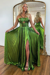 A-Line Sleeveless Green Long Prom Dress with Split Front