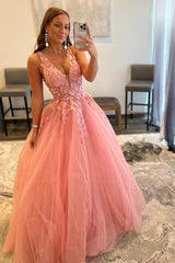 Princess A-Line Deep V-Neck Blush Long Prom Dress with Appliques