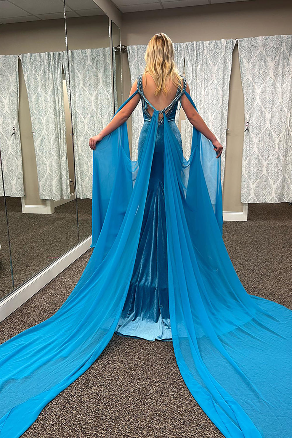 Velvet Blue Prom Dress Mermaid Beaded V-Neck Long Formal Dress With Cape