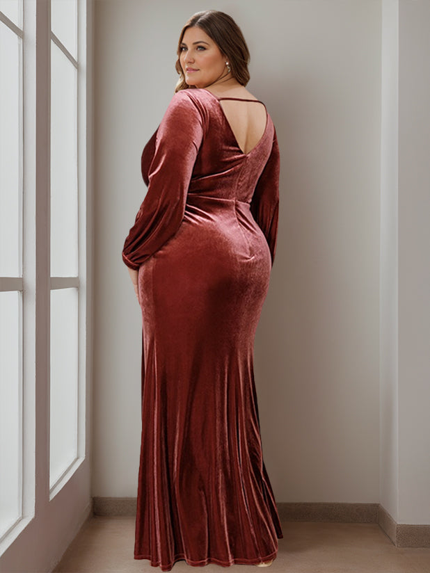 Velvet Mother of the Bride A-Line Dress with V-Neck and Ruffles Floor-Length Long Sleeves