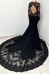 Vintage Black Prom Dress Mermaid Lace High Neck Sleeves Beaded Cathedral Train Satin Formal Dress